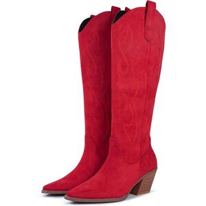 ⚡Women's Red Cowgirl Boot Embroidered Knee High Boot Pointed Toe Block Heel